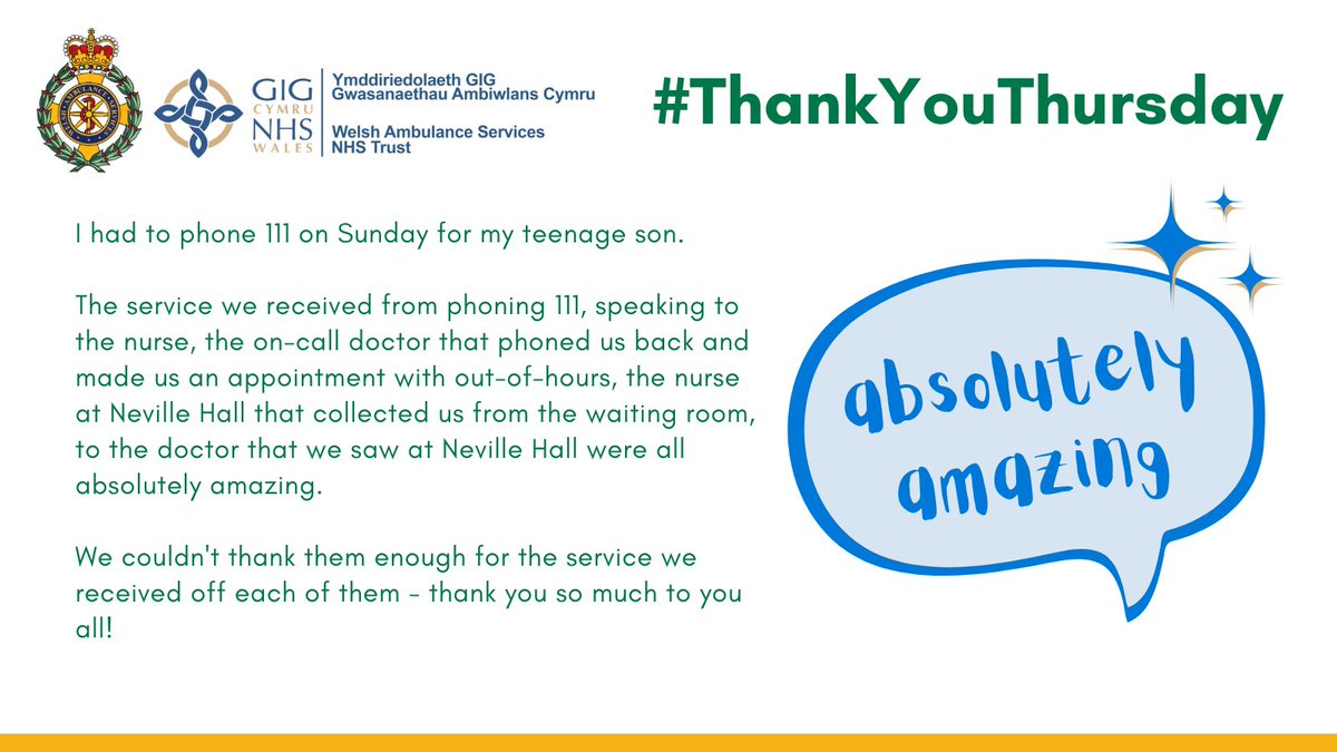 WelshAmbPECI's tweet photo. A grateful mum shares her thanks in this week's #ThankYouThursday, for the service her teenage son received from @NHS111Wales and @AneurinBevan.

Mum describes every member of staff involved on the day as  'absolutely amazing'.  

#RemarkablePeople #nhsheroes @WelshAmbulance https://t.co/wPAh85YufV