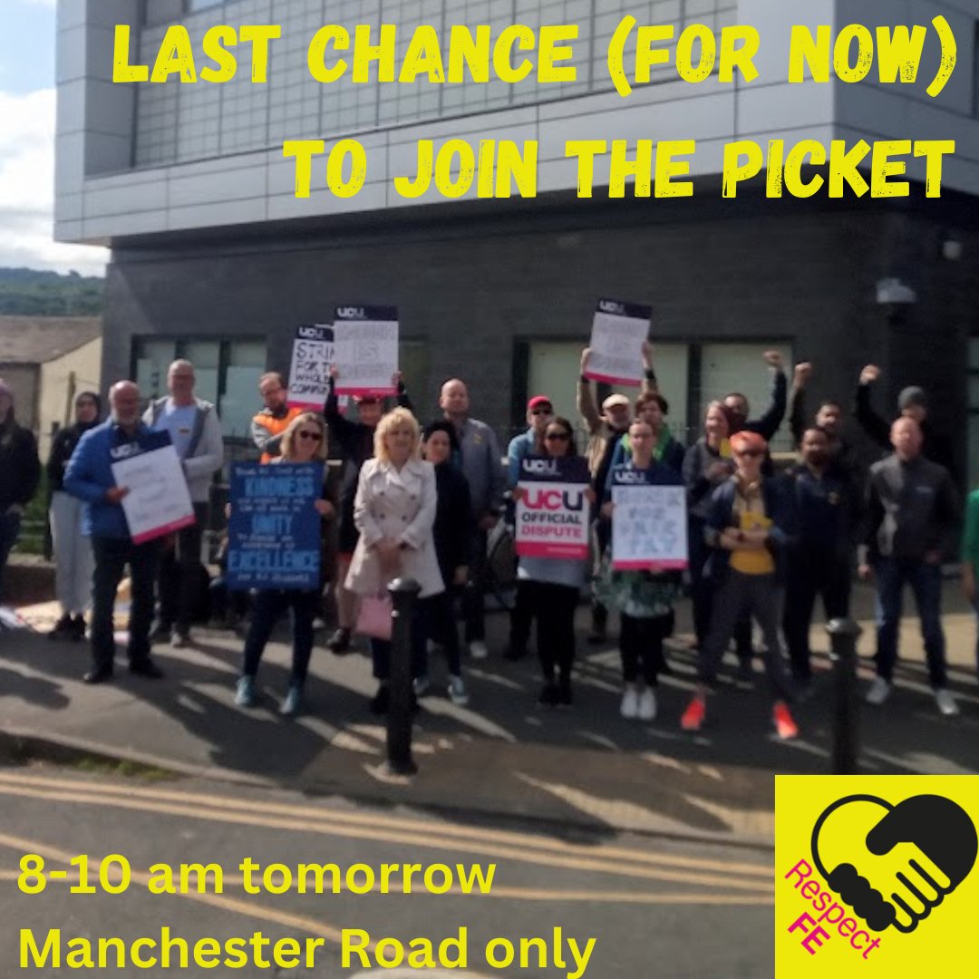 KirkleesUcu's tweet photo. Be there or be square. 
Show management that we mean it!
Last day of action in our current round is tomorrow.
NB we will be picketing at Manchester Road only, no Dewsbury picket.
#respectfe https://t.co/smGUZZh8IX