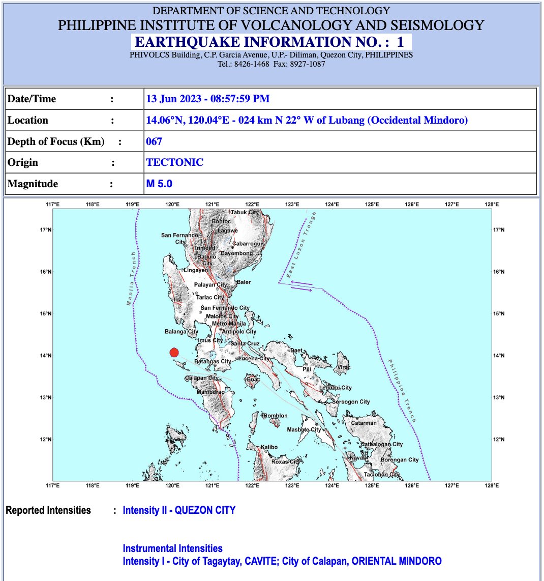 ABSCBNNews's tweet photo. JUST IN: A magnitude 5 #earthquake struck waters off Lubang, Occidental Mindoro at 8:57 p.m., on Tuesday, June 13. | via @phivolcs_dost #EarthquakePH #LindolPH #lindol https://t.co/82UnAK9Izc