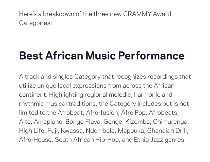 .@RecordingAcad has now added a new category “Best African Music Performance”. #GRAMMYs
