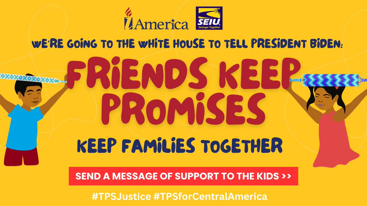 On 6/13, U.S. citizen children of Temporary Protected Status (TPS) holders will meet with White House staff to deliver friendship bracelets. Their message to Pres. Biden: Keep your promise, #KeepFamiliesTogether! #TPSJustice

Send a message of support: bit.ly/43u1QOh