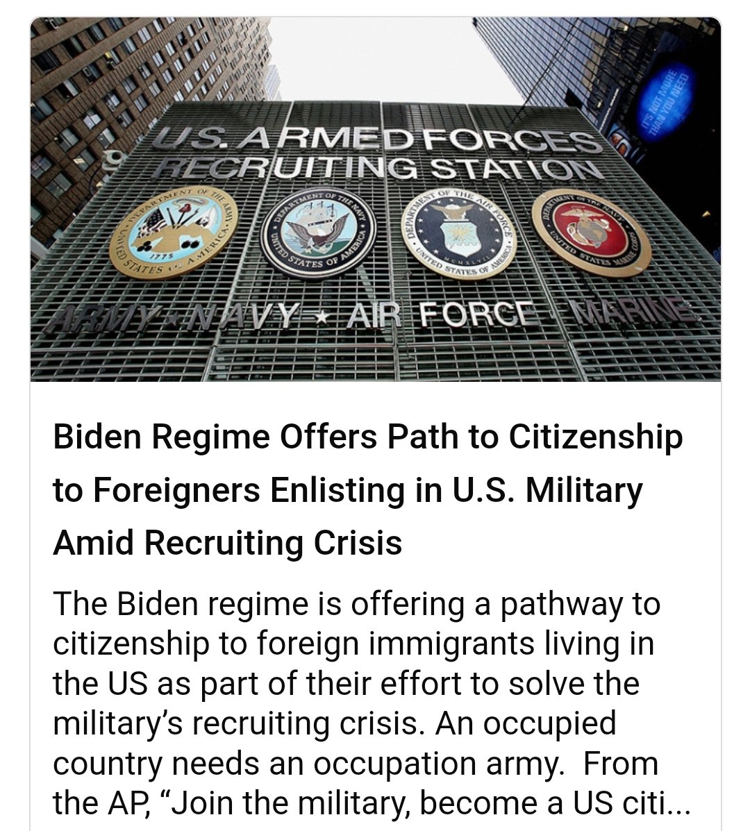 If you ever believed that an all-voluntary military force was incapable of turning against it's own citizens, think again. An illegal wouldn't hesitate putting a bullet in my head or yours in exchange for citizenship.