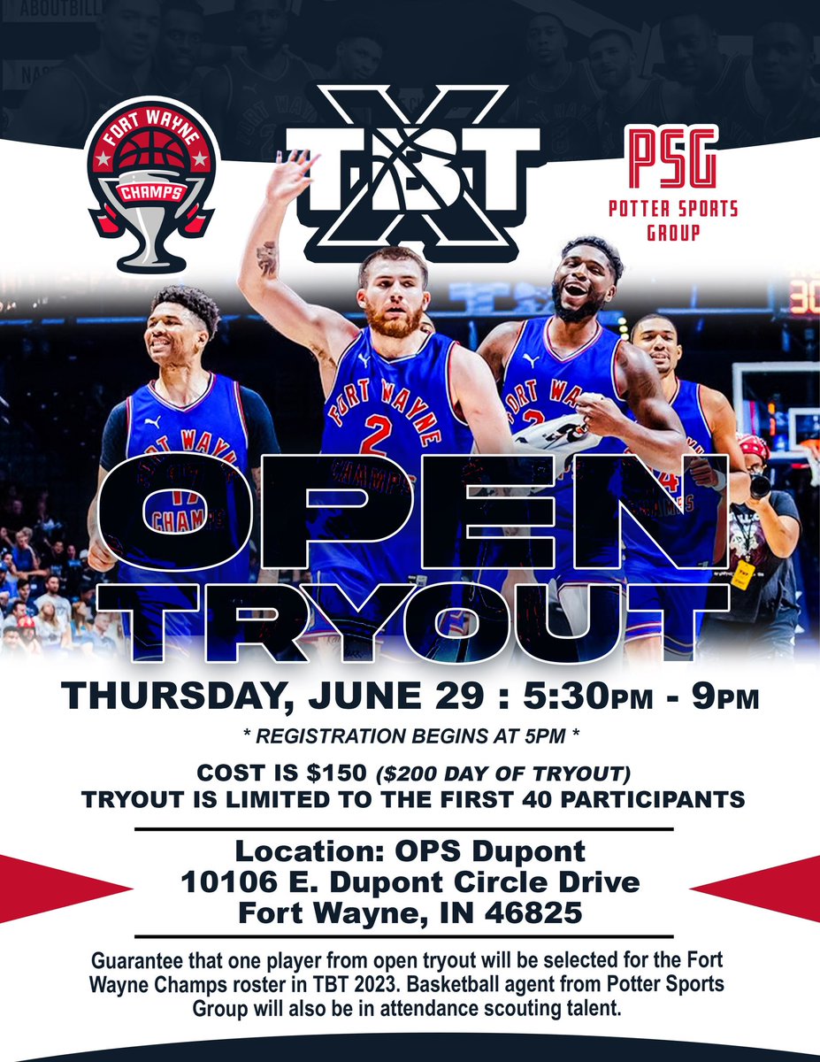 FWChamps's tweet photo. As just announced on the @calebkenny1380 show… the Fort Wayne Champs will be hosting an open tryout at @OPSnewstandard (OPS Dupont) on June 29th! 

At least one player from the tryout is guaranteed to be selected!   

Sign up and get more info here:

https://t.co/pdyse2ytVi https://t.co/iDNvkE4iID