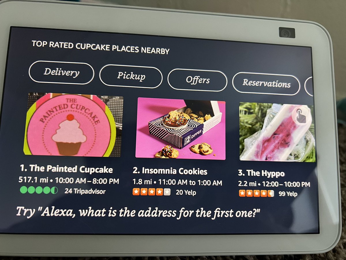 DanceAndDogs's tweet photo. Alexa’s idea of nearby is 517.1 miles. I disagree.
I want cupcakes. I blame @DuchessSexpert and @fakeQrampage
#alexafail #alexa #cupcakes https://t.co/AbqDHDpfyu