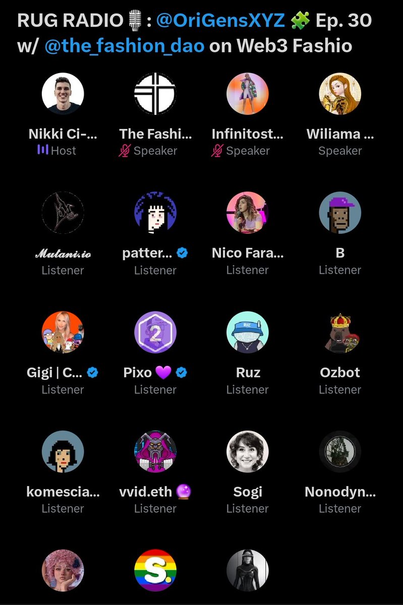 Catching up with @cikaluk_n on @OriGensXYZ / @RugRadio feat.the #digitalfashion community including @the_fashion_dao's own @NicoFara_ @karinaochoaco + @DataGirlNFT.

#web3fashion