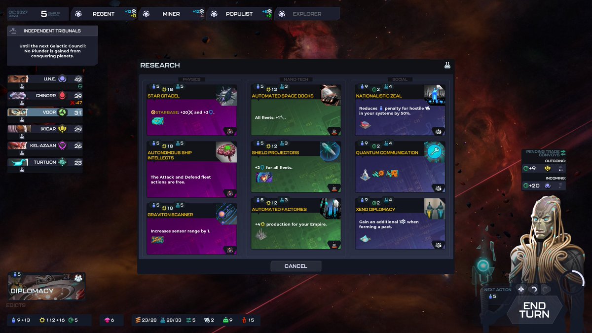 If you're NOT playing as the Voor Technocracy in Stellaris Nexus, you can always trade with them to get your hands on their juicy🧪technology...

...or just steal it using a spy plot 🥸