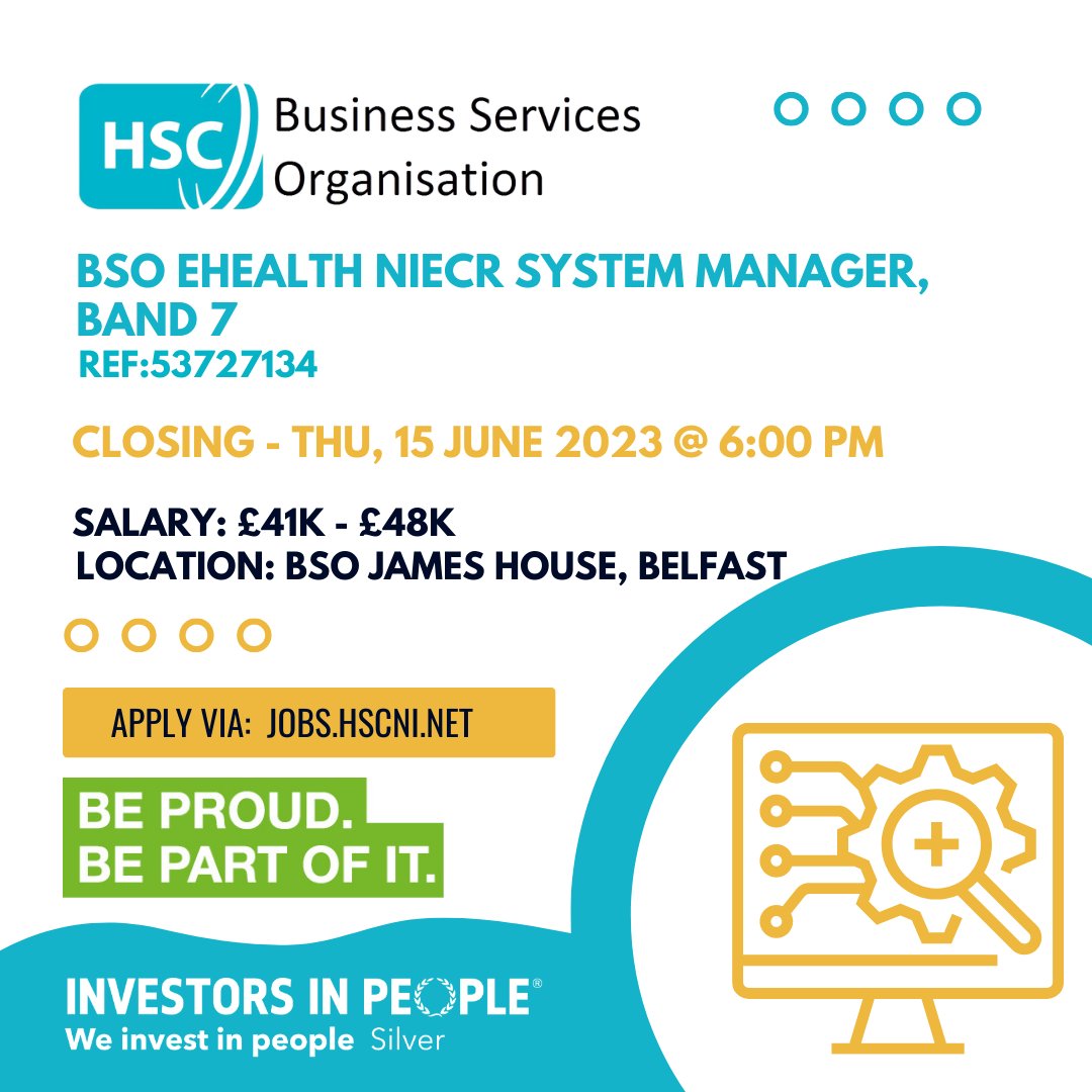 Fantastic opportunity, @BSO are seeking an eHealth NIECR System Manager, Band 7 

For more information and to apply please visit:
jobs.hscni.net/Job/28953/ehea…

A waiting list may be compiled for similar posts that arise over the next 12 months

#BSO #eHealth #NI