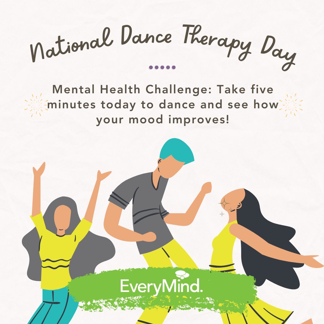 EveryMindInc's tweet image. Getting up and getting moving is proven to increase the amount of a chemical called serotonin in your brain, improving your mood. So take five minutes today to play some music and move those feet!

#DanceTherapyDay #DanceTherapy #Dancing #BustAGroove #MoodBoost #MovementTherapy