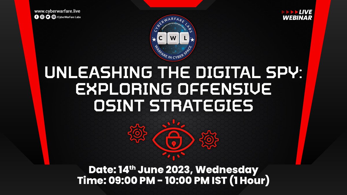 📢 Mark your calendars for the webinar 'Unleashing the Digital Spy: Exploring Offensive OSINT Strategies' 📢

📅 Date: 14th June, Wednesday
⏲ Time: 9:00 PM - 10:00 PM IST
⏳ Duration: 1 Hour

👉 Reserve your spot for Free now:
attendee.gotowebinar.com/register/70604…

#cwl #webinar #OSINT