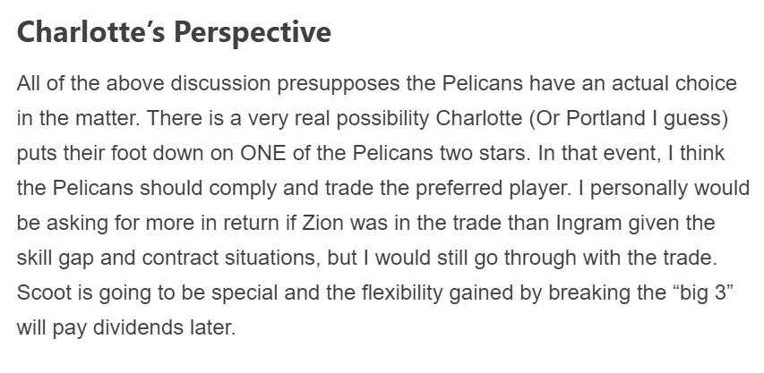 The whole thing is a great read (Pelicans fans who haven't subscribed yet, what are you doing?), but this excerpt spoke to me most. It truly communicates how strongly Shamit feels about A) the challenges the new CBA creates for the Pels' cap situation & B) the potential of Scoot.