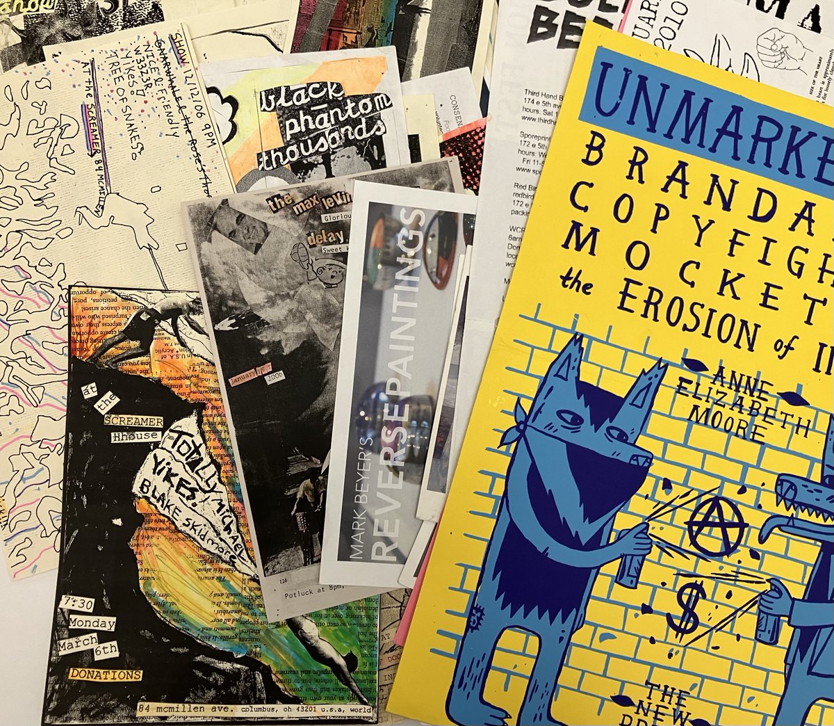 OhioStateRBML's tweet image. Below is a sneak peek at an incoming collection: more than 600 punk flyers collected by James Payne. Created between 2002-2014, the flyers document DIY punk shows &amp;amp; other events in Columbus, OH. Thanks to James for this remarkable archive!