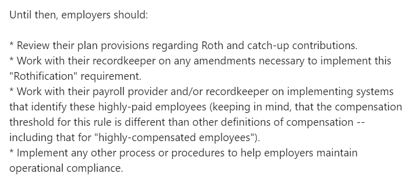SECURE Act 2.0 is embracing "Rothification" -- as early as the 2024 plan year (for calendar year 401k and 403b plans).

Keep reading to learn more about what employers should do to prepare.

#secureact2 #rothification #roth #401kplans #retirementplans #403b