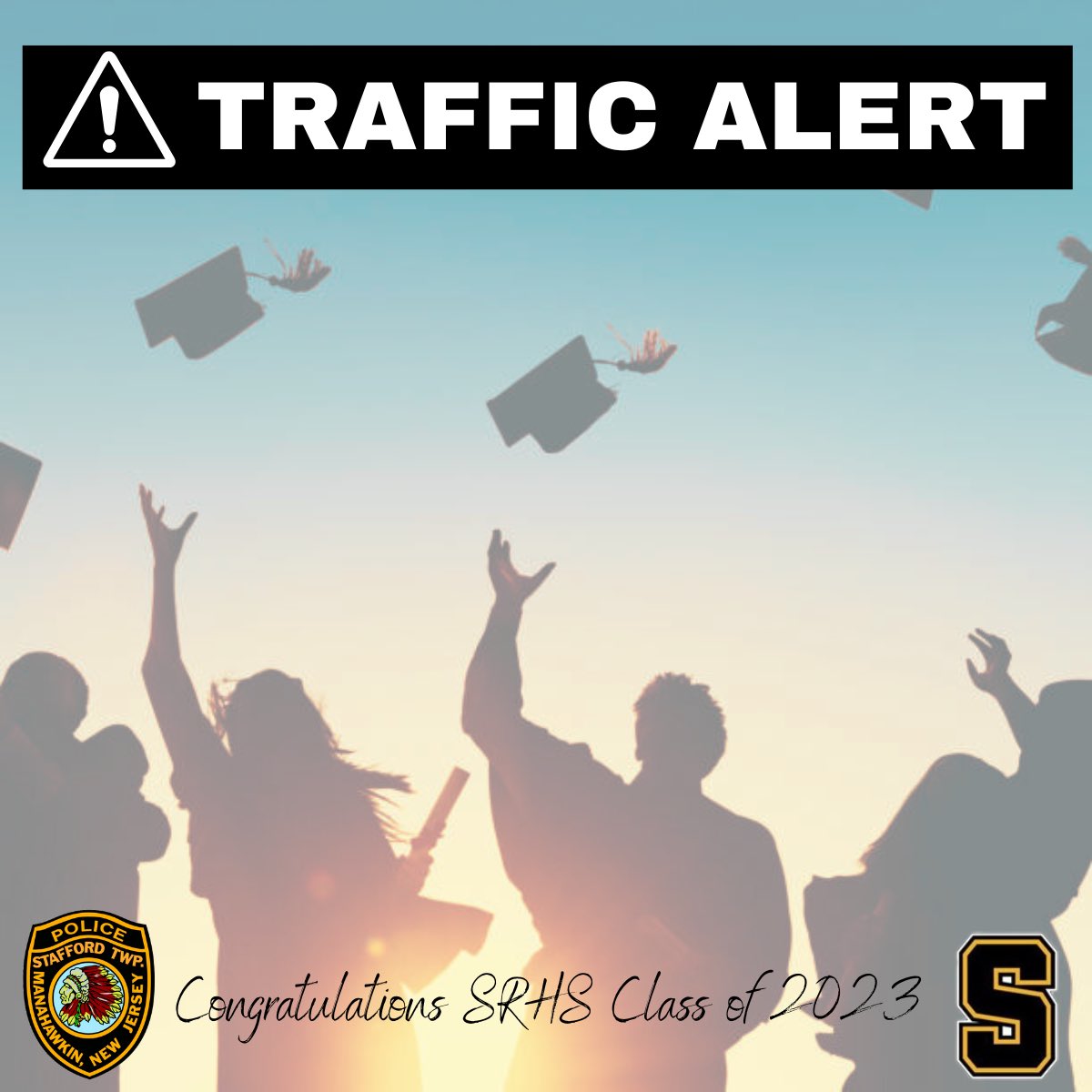 TRAFFIC ALERT
 Graduation at Southern Regional High School begins at 6:00pm this evening. Please expect heavy delays at the beginning and conclusion of the ceremony, and if possible, avoid the area of Route 9/Cedar Bridge Road.

Congratulations Seniors!!! 🎓