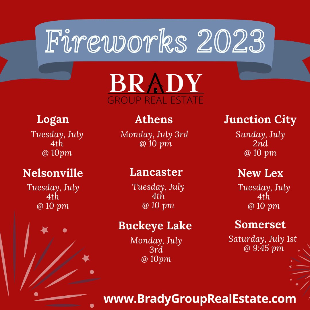 It's that time of year again! Check below for some of our surrounding counties 4th of July Celebration's!! 🎆

#BradyGroupRealEstate #YourRealEstateFamily #TheBradyGroup #HockingCounty #PerryCounty #FairfieldCounty #AthensCounty #Logan #Nelsonville #Athens #Lancaster #BuckeyeLake