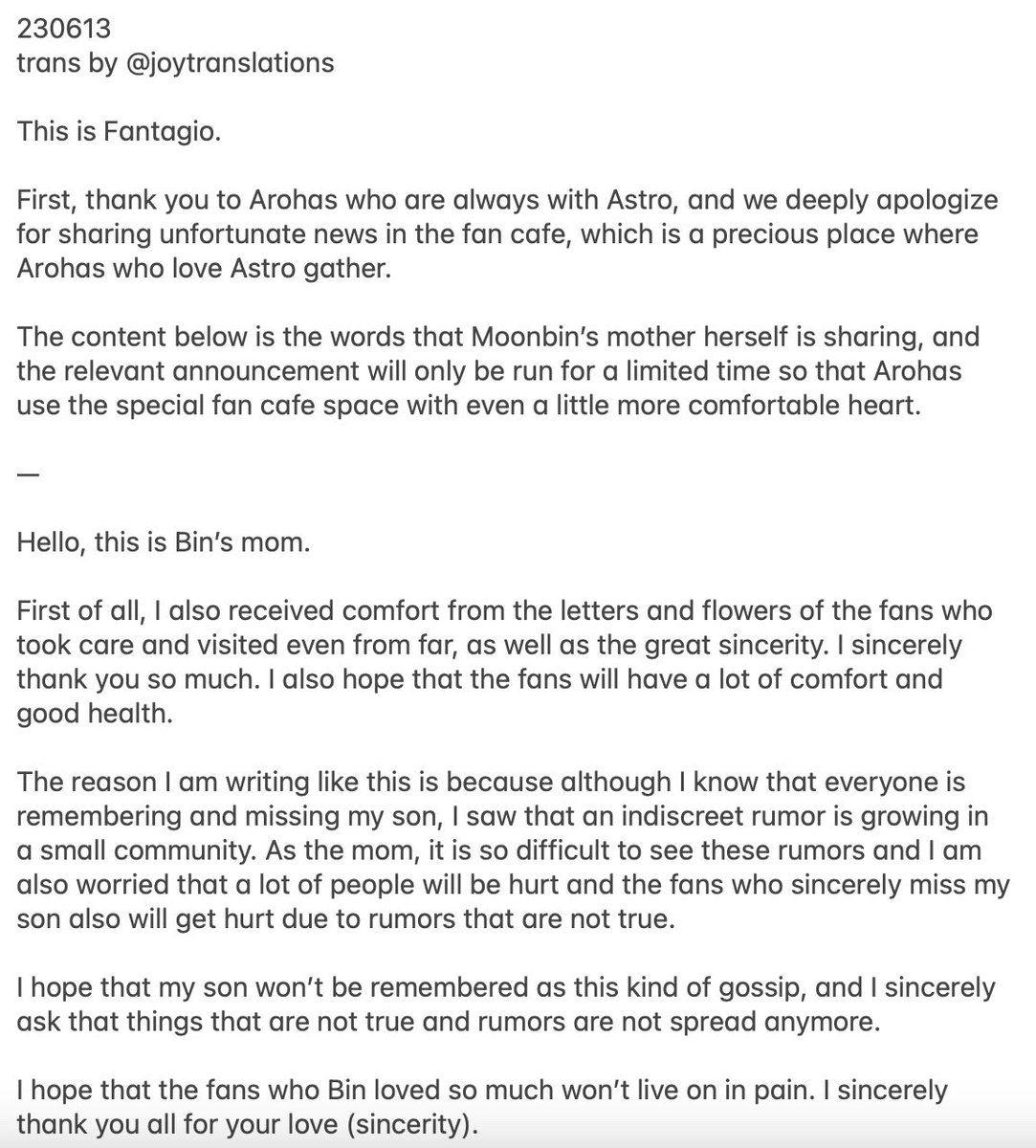 230613 Fantagio announcement &amp; letter from bin’s mother