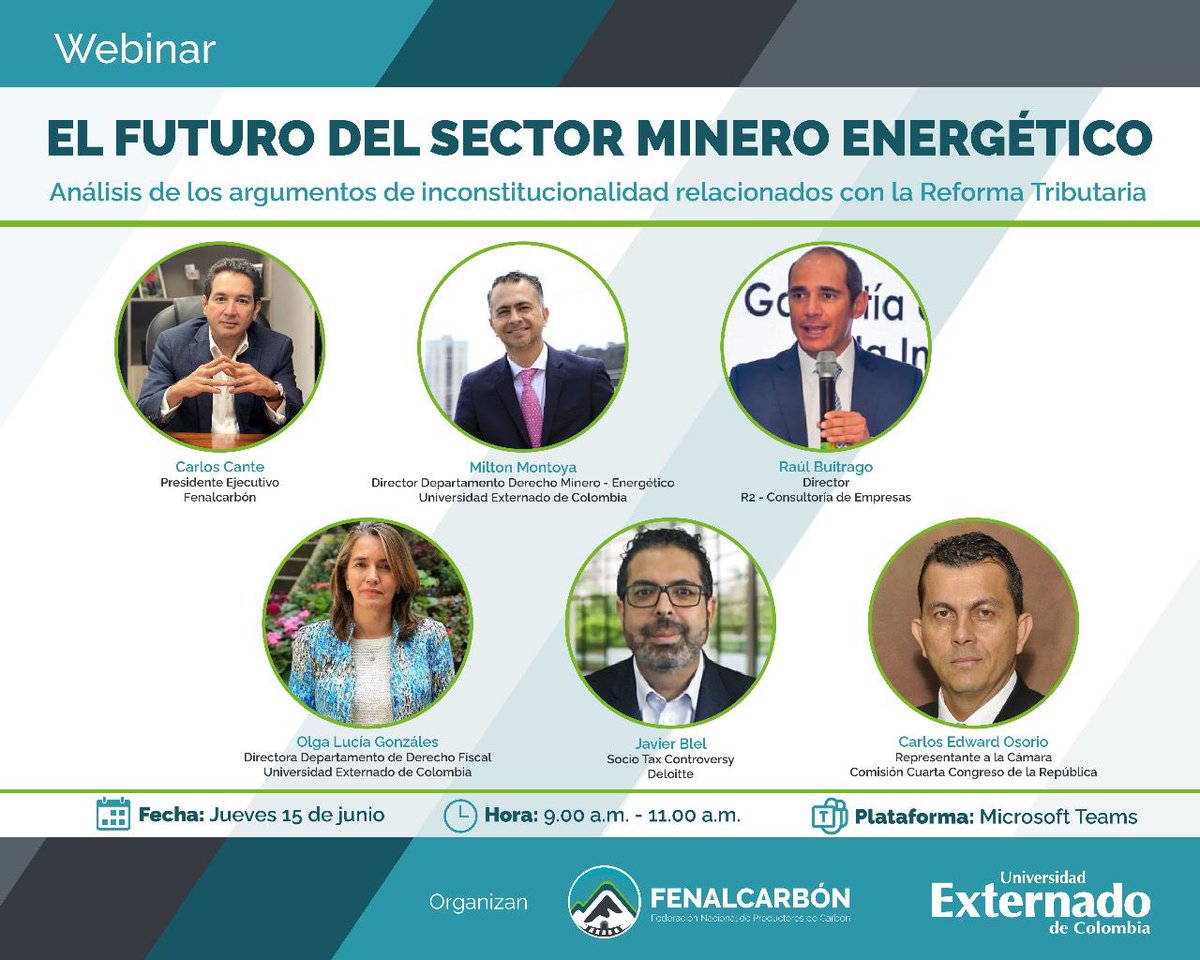 fenalcarbon's tweet photo. 🚨WEBINAR🚨 Conoce de la mano de diferentes expertos cuáles son los argumentos de inconstitucionalidad relacionados con la Reforma Tributaria.

📆jueves 15 junio
⏰9.00 a.m.
📍Teams

Inscripciones 👉 https://t.co/Hqne1sB1D9 https://t.co/14LZLEymnz