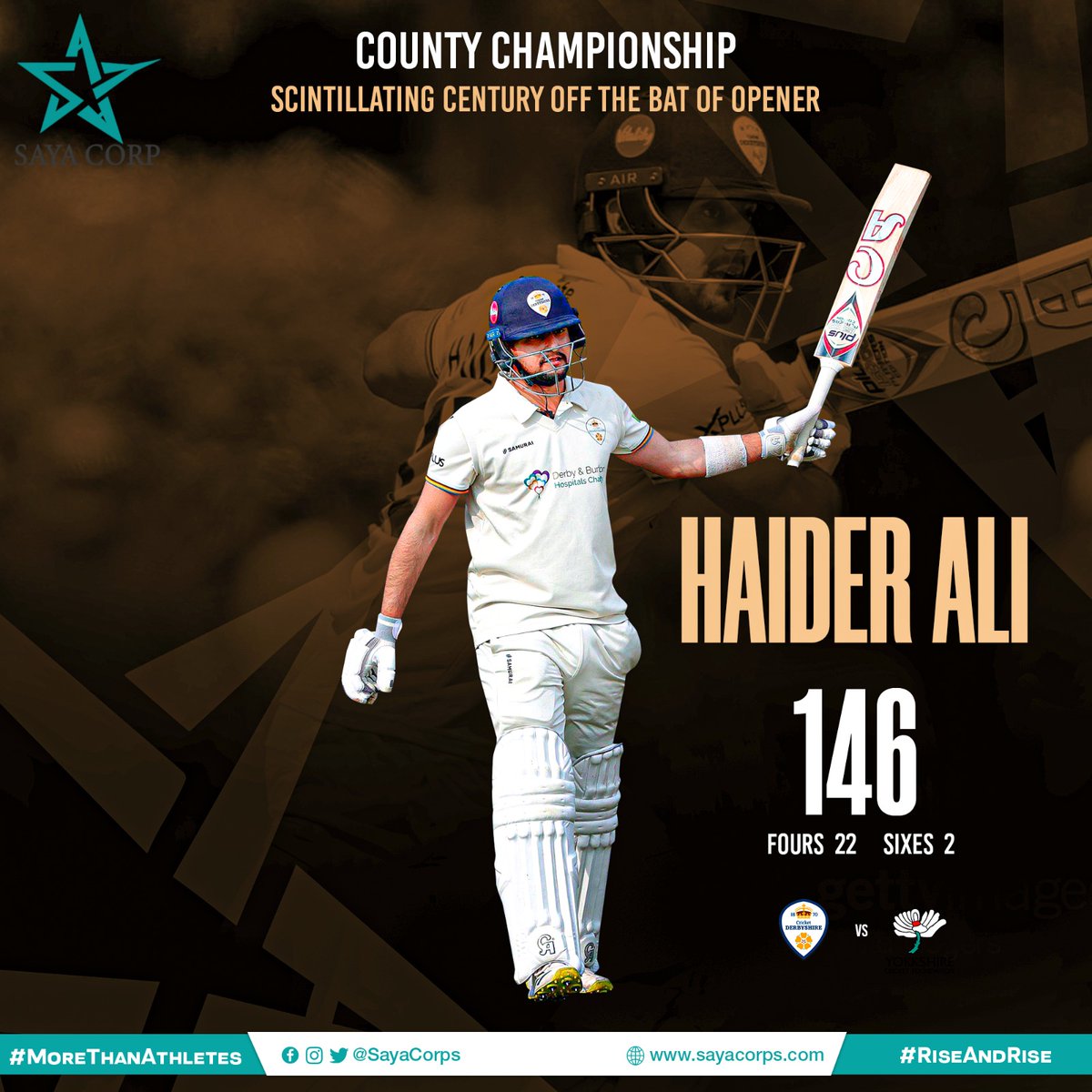 The CLASS of @iamhaideraly 🙌🏻 The Derbyshire batter was at his very best in the ongoing county championship game scoring a magnificent 1️⃣4️⃣6️⃣ including 2️⃣2️⃣ boundaries and 2️⃣ maximums. Fans love to see him #RiseAndRise! #MoreThanAthletes #SayaCorporation @TalhaAisham
