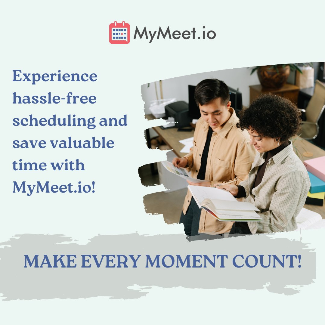 MyMeet_io's tweet image. Experience hassle-free scheduling and save valuable time with MyMeet.io! 
#TimeIsPrecious #TakeChargeOfYourSchedule #EfficientWorkflow #ExceptionalService #ClientManagement #AppointmentScheduling #ProductivityBoost #ManageAppointments #MaximizeYourTime