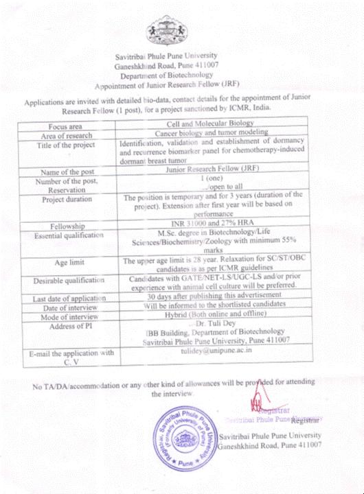 Looking for a JRF (Ph.D. position) at SPPU. #JRF #Biotechnology #TumorDormancy #ICMR