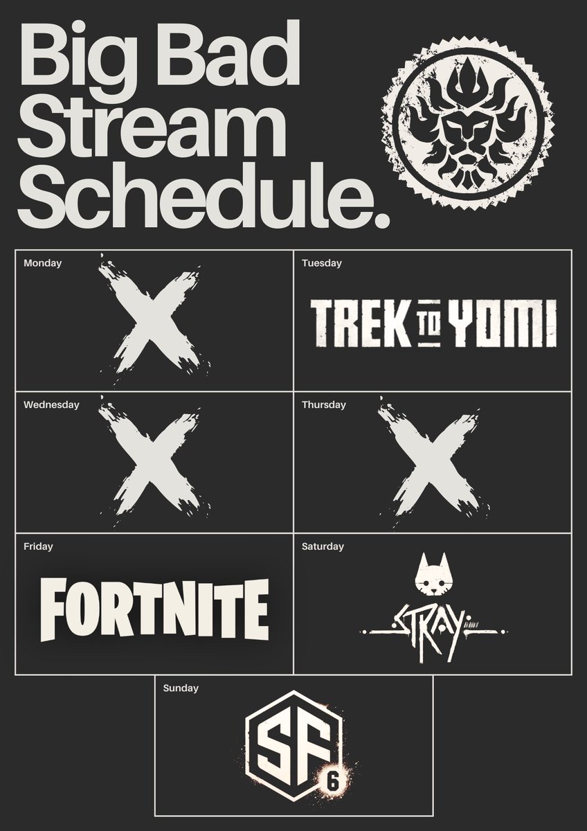 WE HAVE A SCHEDULE NOW!!!

IMPORTANT DAYS:
Tuesday Trek to Yomi
Fortnite Friday
Saturday Stray
Street Fighter Sunday

#streamschedule #SupportSmallStreamers #twitchstreamer #supportsmallerstreamers #twitchtv