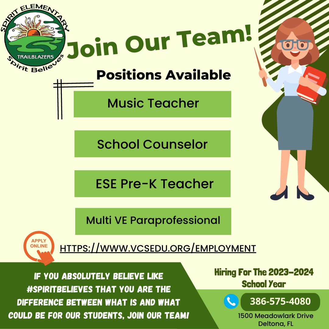 Join our team! Spirit Elementary is looking for Difference Makers! If you believe like we believe that you can be the difference, please reach out and speak with our school secretary.

Contact Ms. Mendez at 386-575-4080 ex. 44807 or by email at mmendez@volusia.k12.fl.us.