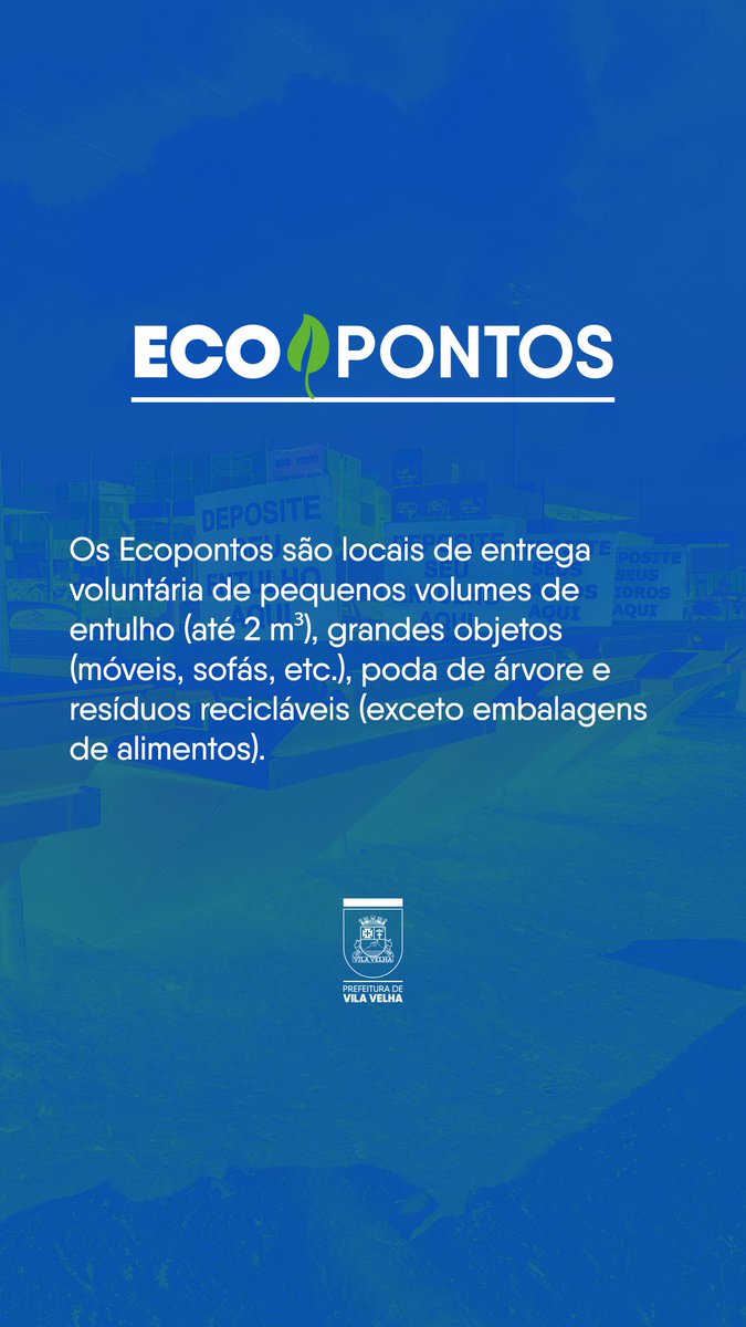 prefvilavelha's tweet photo. Vila Velha tem dois ecopontos para descarte de móveis, eletroeletrônicos e pequenos resíduos de obras. Um na Praia da Costa e outro na Lindenberg. Não jogue objetos que não servem mais nas ruas e canais: utilize nossos ecopontos. #DescarteConsciente #VilaVelhaSustentável https://t.co/4cpKYKqNeD