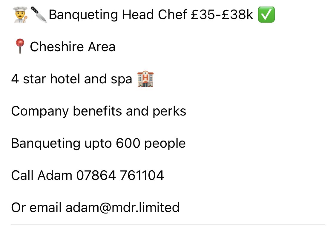 ChefsAround's tweet image. Banqueting chef wanted £35,000-£38,000

#hotnewjob #hospitalitycareers #jobsincheshire