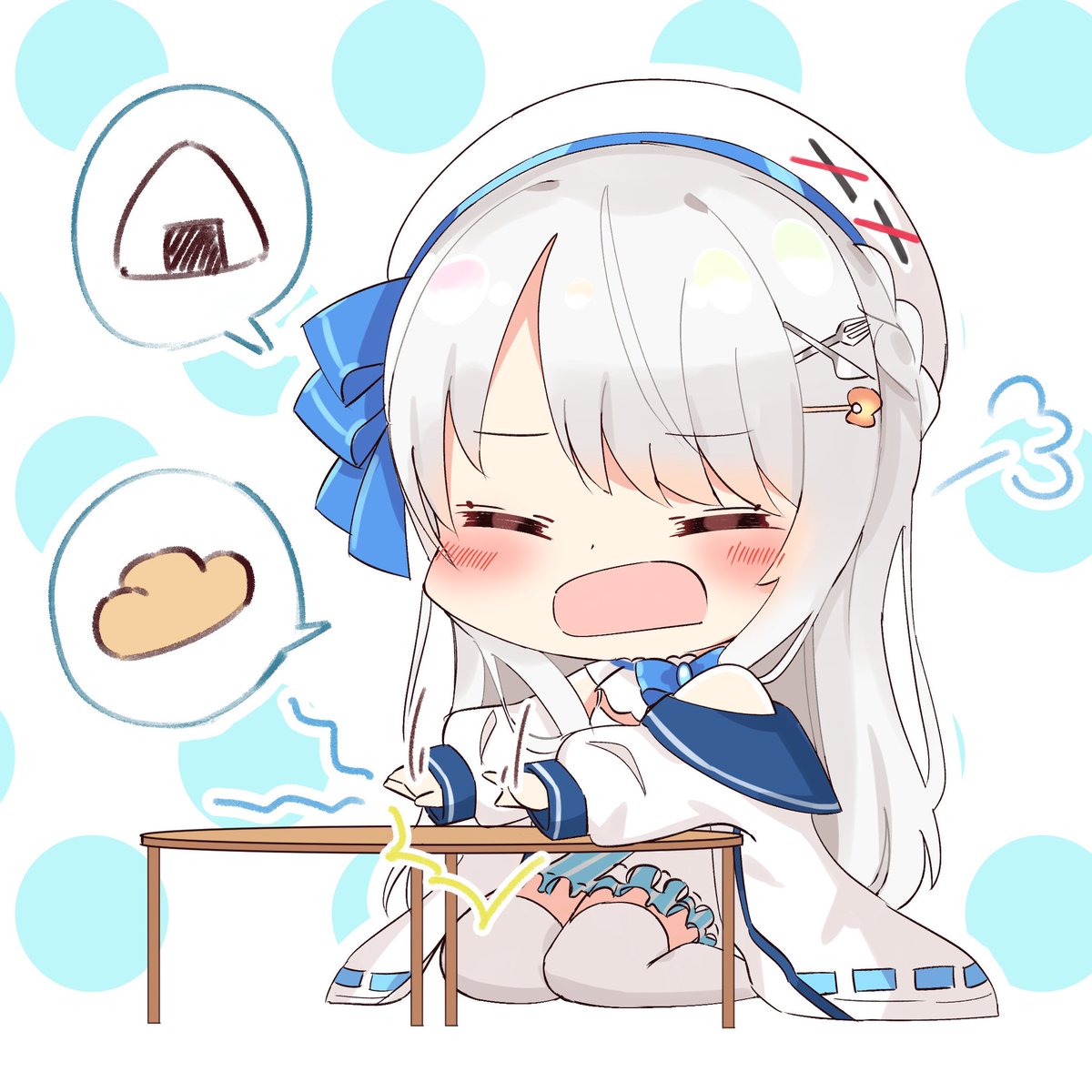 1girl solo food hat closed eyes chibi thighhighs  illustration images