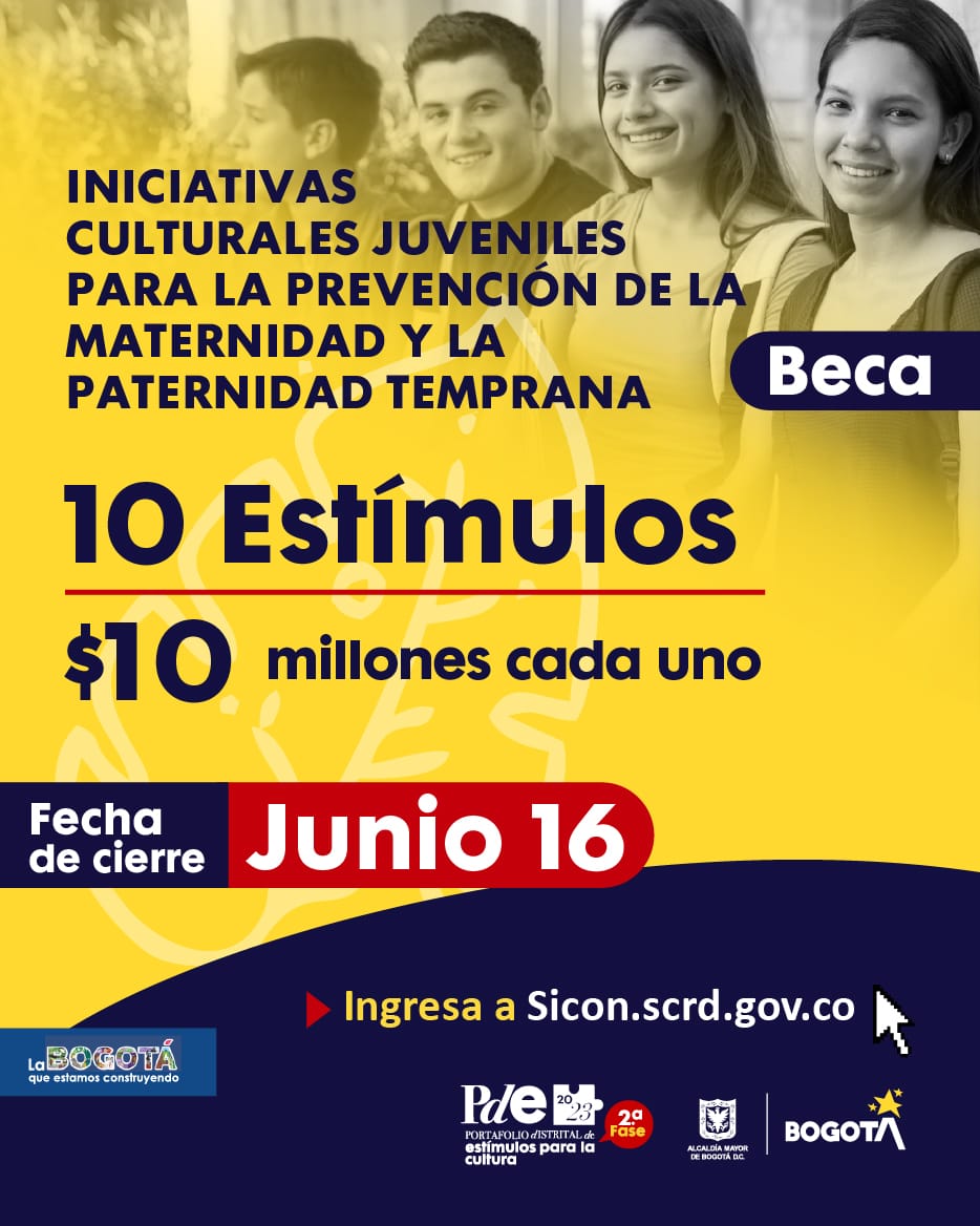 CulturaenBta's tweet photo. Este viernes 16 de junio es el cierre de la Beca Iniciativas Culturales Juveniles para la prevención de la maternidad y la paternidad temprana. 🤩

Son 100 millones de pesos en #EstímulosCultura2023. 

Consulta las bases de la convocatoria aquí: 👉https://t.co/NNzgVyzP8x https://t.co/8PIi3bU9UF