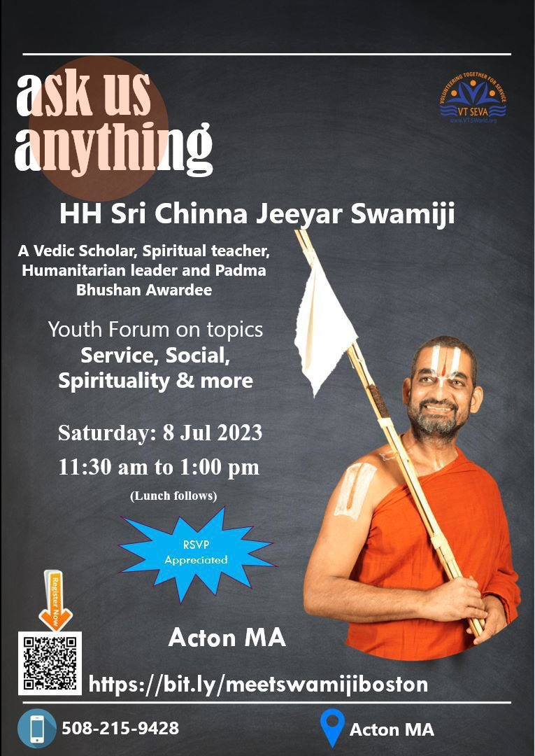 LaxmiBalcha's tweet photo. HH Sri Chinna Jeeyar Swamiji
A Vedic Scholar, Spiritual teacher, Humanitarian leader and Padma Bhushan Awardee. Indian American and all communities welcome.
Location final venue will be provided to all registered.
To register for “Ask Us Anything” event, 
https://t.co/WDEoPjuMC1 https://t.co/b9YMVMHmb9