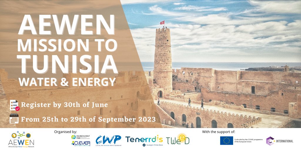 💧⚡️The AEWEN team invites you to join its third #businessmission, destination: #Tunisia!

SAVE THE DATE: from 25th to 29th September 2023.

Opportunity for #SMEs to explore the Tunisian #water and #energy market.

More information in our website: bit.ly/43SCCJa