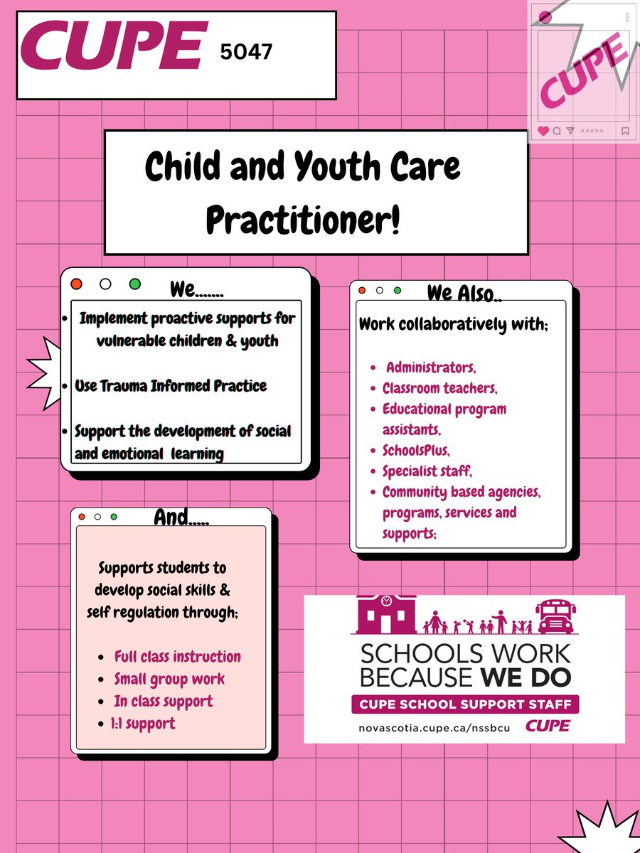 Let's learn more about the different classifications in CUPE 5047: SchoolsPlus Child & Youth Care Practitioner 
#cupe5047
#cupe5047strike
#cupe5047solidarity
#hrce
#hrcestrike
#fairdealnow
#fairwages
#houstonwehaveaproblem
#inclusionmatters