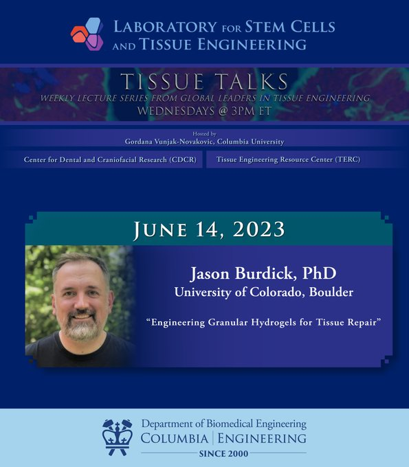 Join us tomorrow, June 14th at 3pm EST for a #TissueTalk with <a href="/CUBoulder/">CU Boulder 🦬</a> Prof. Jason Burdick <a href="/BurdickLab/">BurdickLab</a> on "Engineering Granular Hydrogels for Tissue Repair."

RSVP here: bit.ly/tissuetalks