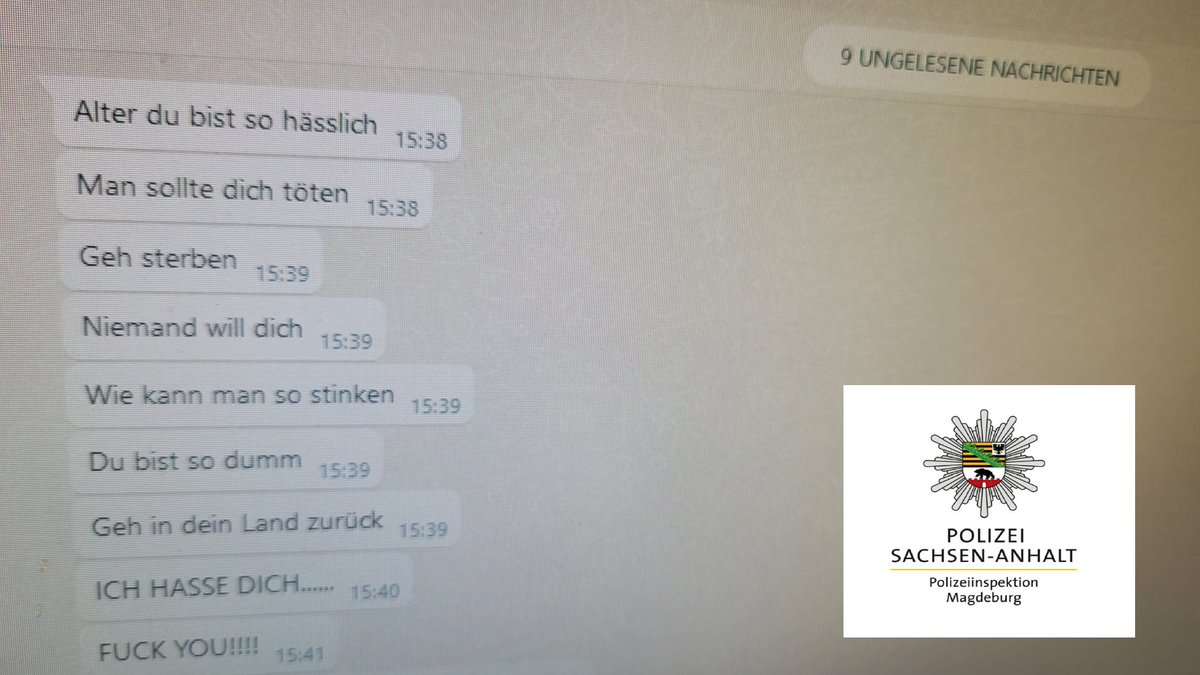 Was kann ich gegen Hasspostings tun? z.B. Anzeige erstatten: Wenn Sie auf Hasspostings stoßen oder selbst Opfer sind, sollten Sie dies bei der Polizei anzeigen. Eine Möglichkeit hierfür ist das Elektronische Polizeirevier der Landespolizei Sachsen-Anhalt. lsaurl.de/pKyRjZ