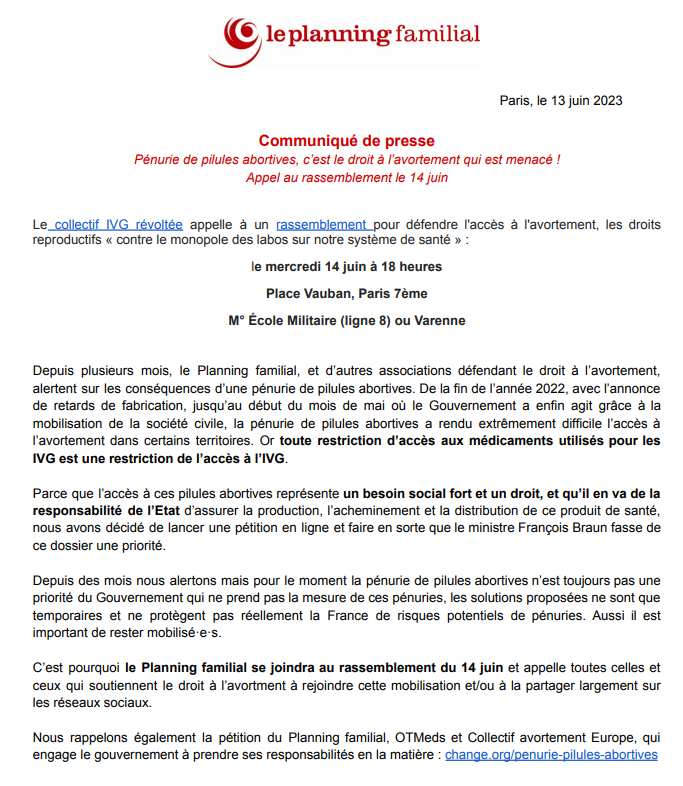 Depuis plusieurs mois, nous alertons sur les conséquences d’une pénurie de pilules abortives sur l'accès à l'#IVG 
📢Nous devons nous mobiliser 💪!
<a href="/leplanning/">Le Planning familial</a> se joindra au rassemblement du 14/06 organisé par <a href="/ivg_revoltee/">IVG RÉVOLTÉE</a> à Paris à 18h.
Notre CP ⬇️