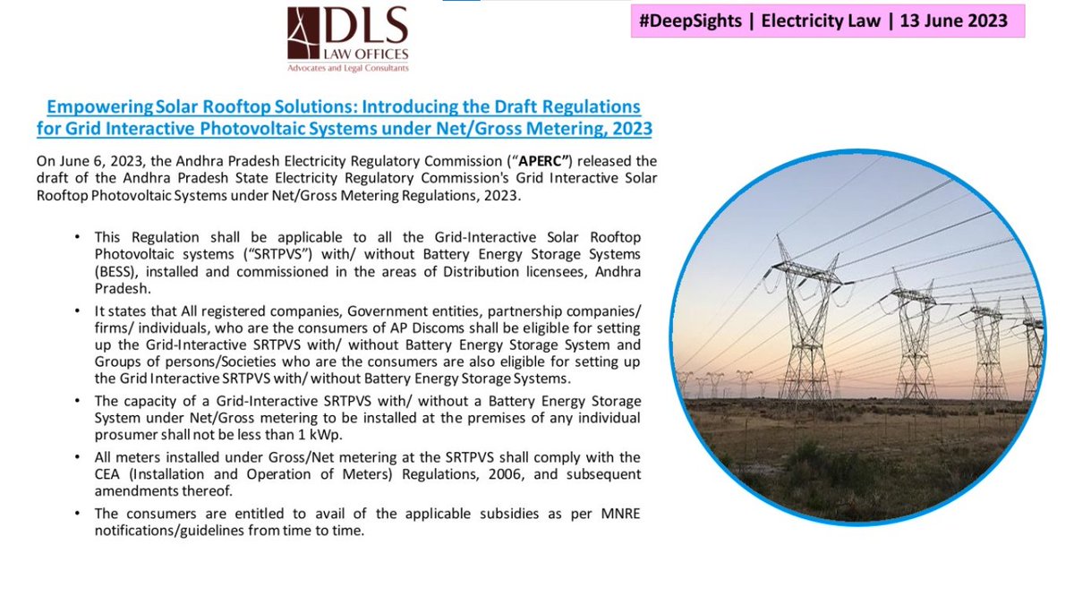 DLSLawOfficesIN's tweet photo. #DeepSights | Electricity Law | 13 June 2023

APERC Drafts Comprehensive Regulations for Grid-Interactive Solar Rooftop Photovoltaic Systems under Net/Gross Metering in Andhra Pradesh

#SolarPowerRegulations #AndhraPradeshElectricity #dlslawoffices #dls #DeepSights #legalupdate https://t.co/HBokF3Gnrk
