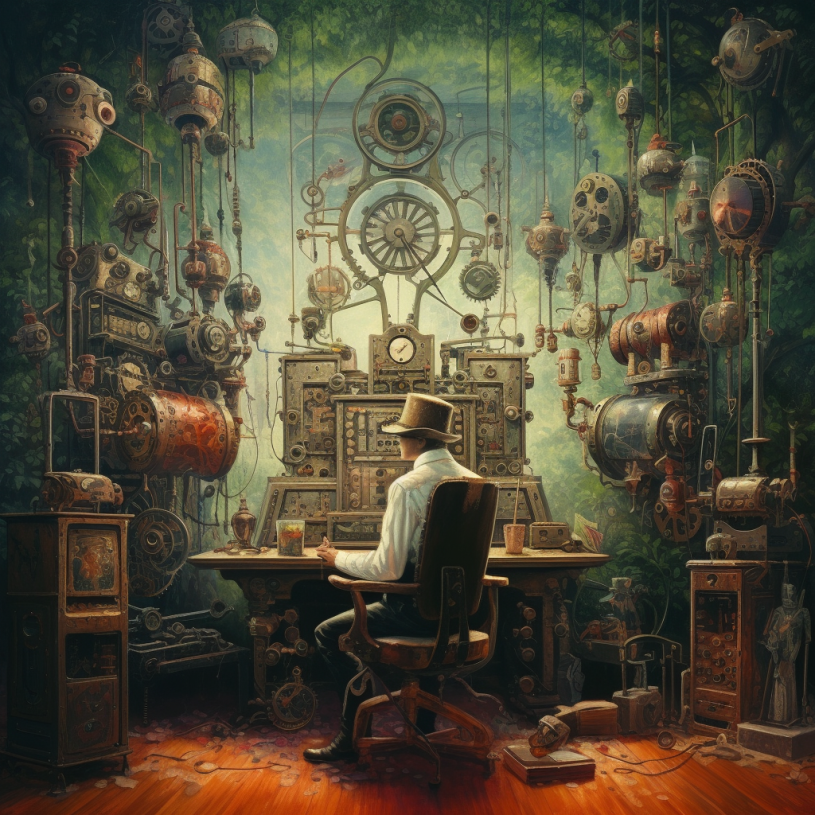 "In the aether-woven tapestry of time and mechanics, man's thoughts find roots in the gears of yesterday, bloom amid the mysteries of the present, and send seeds into the infinite jungles of possibilities yet to be explored." - ChatGPT