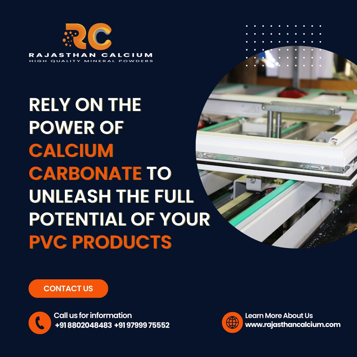 RajasthnCalcium's tweet image. Are you looking for ways to maximise the strength and resilience of your PVC products? Look no further than Rajasthan Calcium for premium Calcium Carbonate.

#RajasthanCalcium #CalciumCarbonate #PVCProducts #SuperiorPower