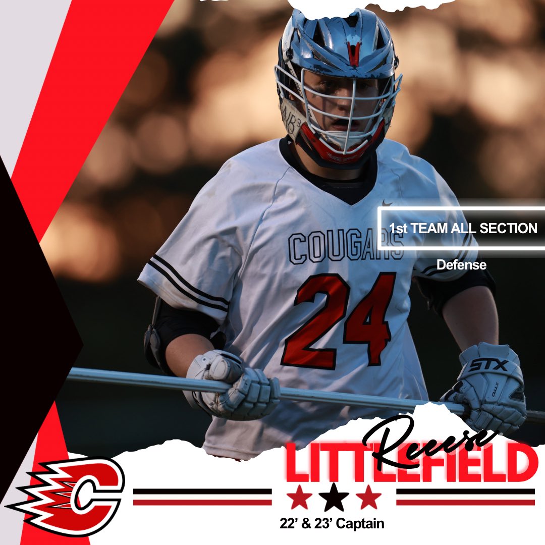 The first award for 1st TEAM ALL SECTION goes to our Senior Defenseman-Reese Littlefield 🚂🧨CONGRATULATIONS! The Cougars will miss you #24. #chsblax23 #nextlevel #defensewinsgames 
📷@snapshotsbychantel