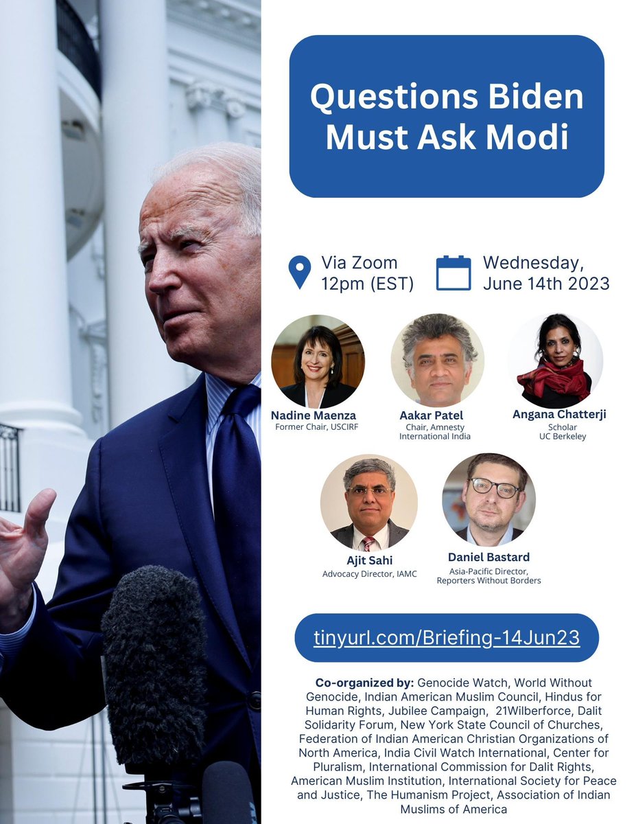 Honored to join <a href="/IAMCouncil/">Indian American Muslim Council</a> for Congressional Briefing Wed at 12pm ET with <a href="/Aakar__Patel/">Aakar Patel</a> <a href="/ChatterjiAngana/">Angana P. Chatterji</a> <a href="/ajitsahi/">AJIT SAHI</a> &amp; <a href="/danbast/">巴大牛 Daniel Bastard</a>. With deteriorating #ReligiousFreedom conditions in #India, we will discuss “Questions Biden Must Ask Modi.” Register to join us!
us02web.zoom.us/webinar/regist…