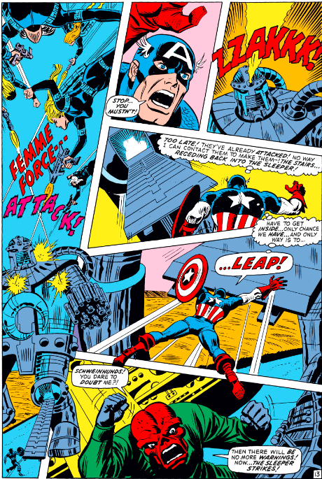 MarvelADay's tweet photo. #MarvelADay #Cap148 And off we go! Cap took a handy jet pack to arrive at the Sleeper's location while the Femme Force go into action. As Val and the girls get attacked, Cap slips into the Sleeper via a handy leg opening. - VA https://t.co/fAry4jp5IV