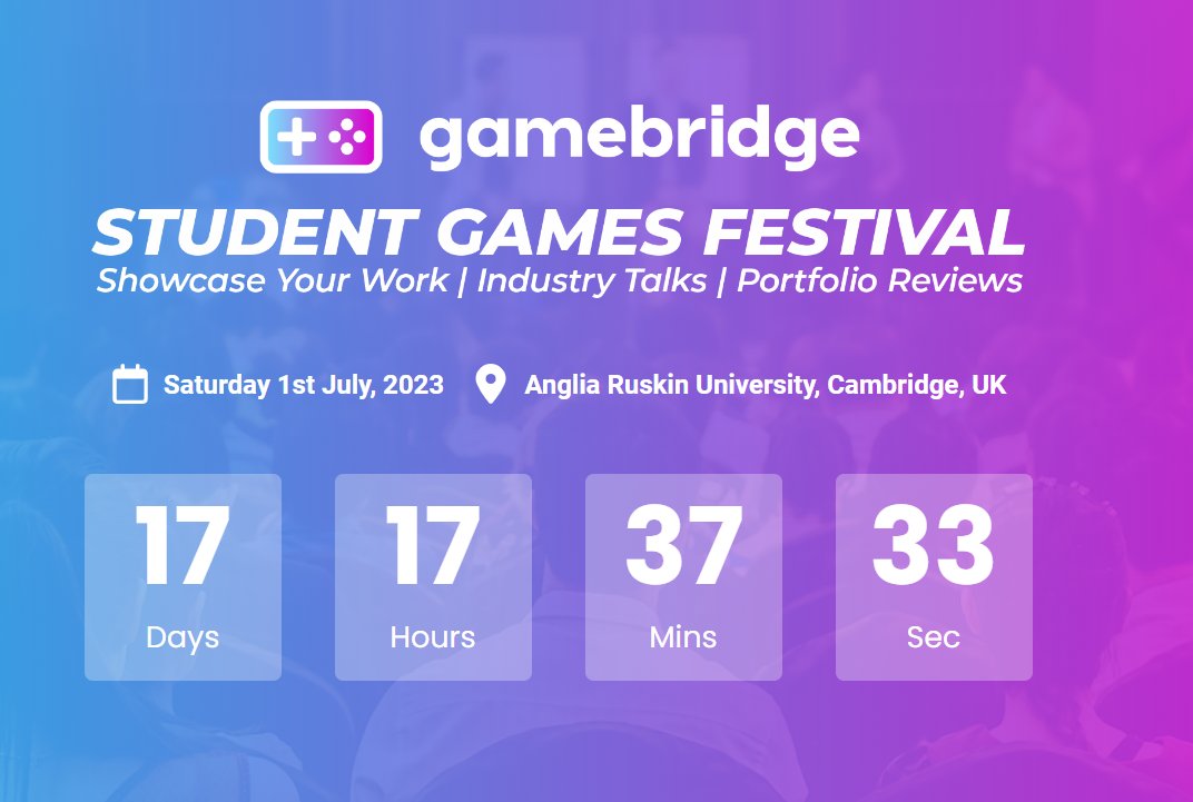 camcreatives's tweet photo. The first #Gamebridge Student Games Festival. A great opportunity for students and graduates to learn more about the games industry.  Tickets are free, so reserve yours now! https://t.co/eHWCcvvbus https://t.co/NE6mmqAcYN