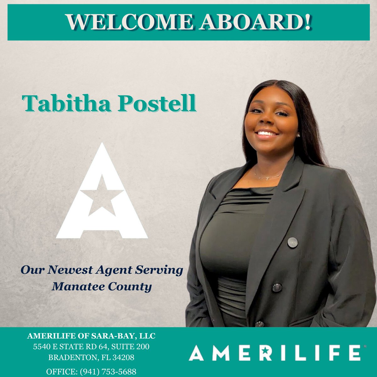 Please join us in welcoming our Newest Agent: Tabitha Postell!!!!! 🏆
We are so excited to be a part of your success! 😃
#AmeriLife #TogetherAsOne #SuccessStory #AmeriLifeCares #NowHiring