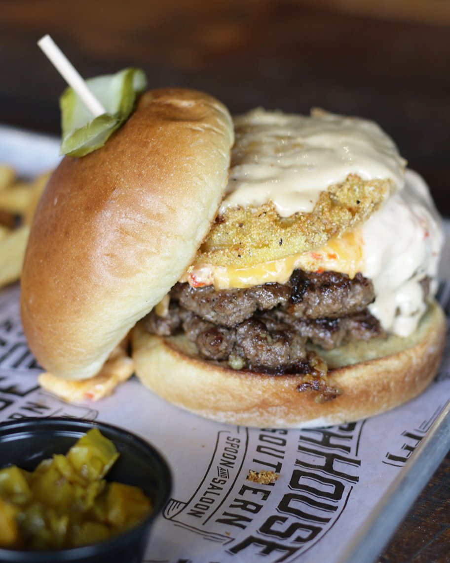 The Famous SoBro Burger! Pimento cheese, fried green tomato, chow chow, &amp; SoBro sauce. We promise you won't leave hungry!