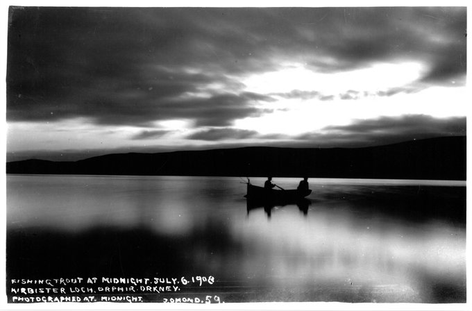 OrkneyLibrary's tweet photo. Did you know that in #Orkney at midsummer we get more than 18 hours of daylight? This incredible #Archive photograph of 2 men fishing was taken on a calm evening at midnight 115 years ago in July 1908.

It's so light you can even make out the pipe that one of them is smoking. https://t.co/DDvyRnoDFJ