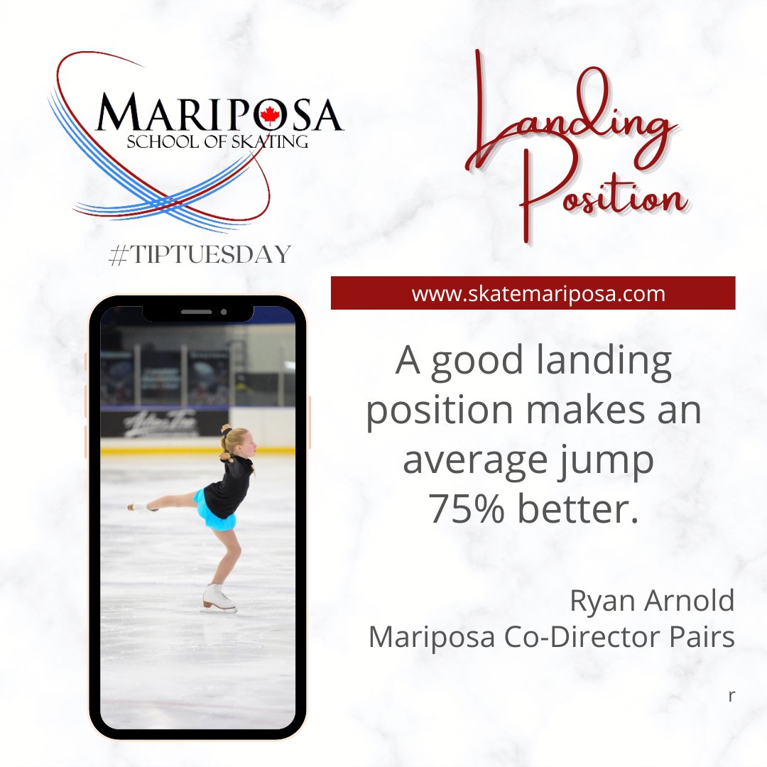 SkateMariposa's tweet photo. Tip Tuesday!
"A good landing position makes an average jump 75% better." - Ryan Arnold
#tiptuesday #mariposafamily #landingposition #jumping #isufigureskating #skatecanada #skateontario https://t.co/iwr1J6i9Z3