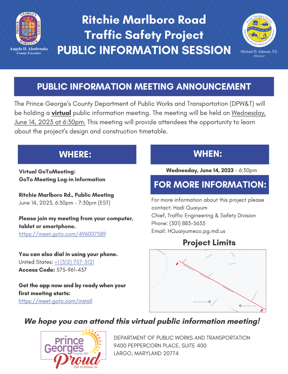 🚨TOMORROW: June 14th, 6:30pm-7:30pm, the Office of Engineering and Project Management will host an information session about Ritchie Marlboro Rd. Project. We will share the link to learn about the project's design and construction timetable on the day. #PrinceGeorgesCounty