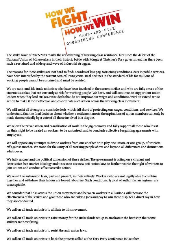 counterfireorg's tweet image. Here’s the statement issued from Saturday’s great #RankAndFileConf
Please take it and get it adopted by your trade union branch, trades council, campaign or political organisation: