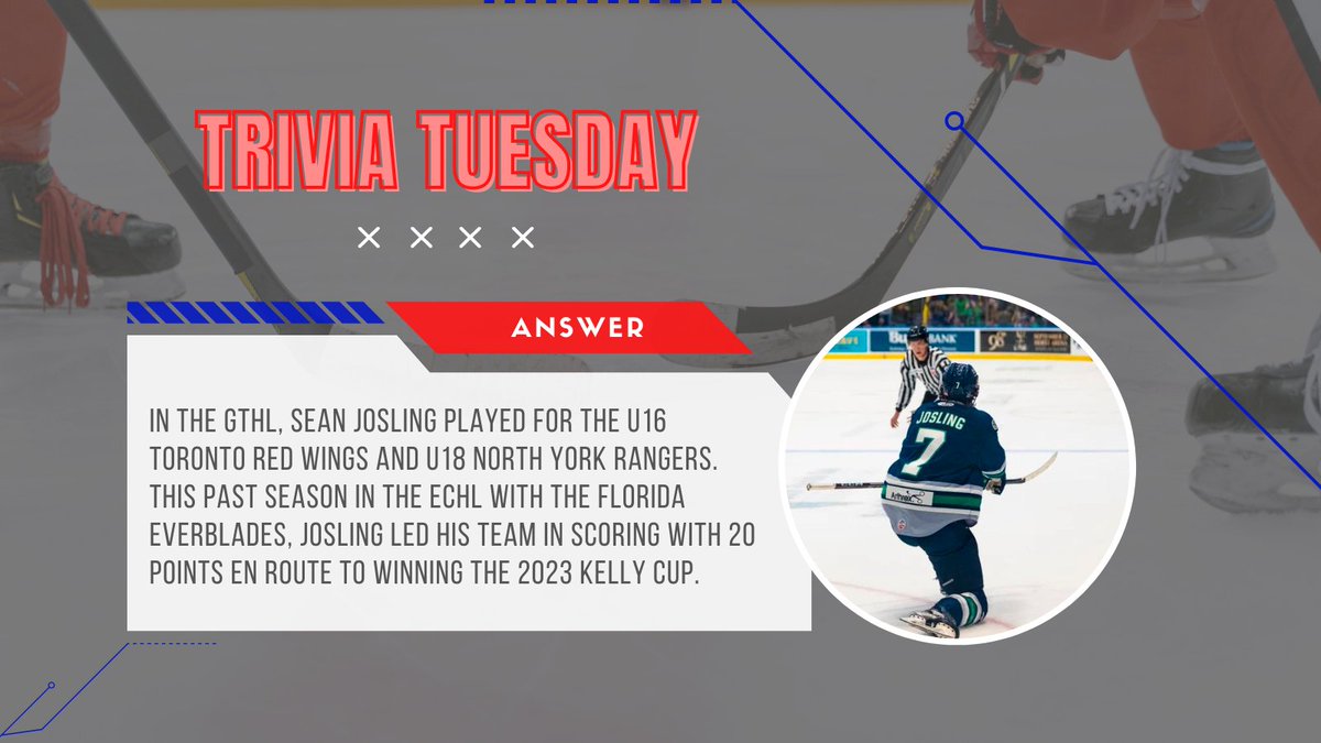 <a href="/ECHL/">ECHL</a> Answer: In the GTHL, Sean Josling played for the U16 Toronto Red Wings and U18 North York Rangers. This past season in the <a href="/ECHL/">ECHL</a> with the Florida Everblades, Josling led his team in scoring with 20 points en route to winning the 2023 Kelly Cup.

#GTHLAlumni | #TriviaTuesday