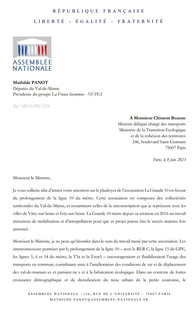 LaGrande_10's tweet photo. Suite à notre récente rencontre, Mme la Députée @MathildePanot a écrit au Ministre M @CBeaune pour que nous puissions le rencontrer et échanger avec lui sur le nécessaire prolongement de la @Ligne10_RATP d'ici 2030 et donc sur sa ré-inscription au prochain #CPER🚇@IDFmobilites https://t.co/Y9VUtHkW8u